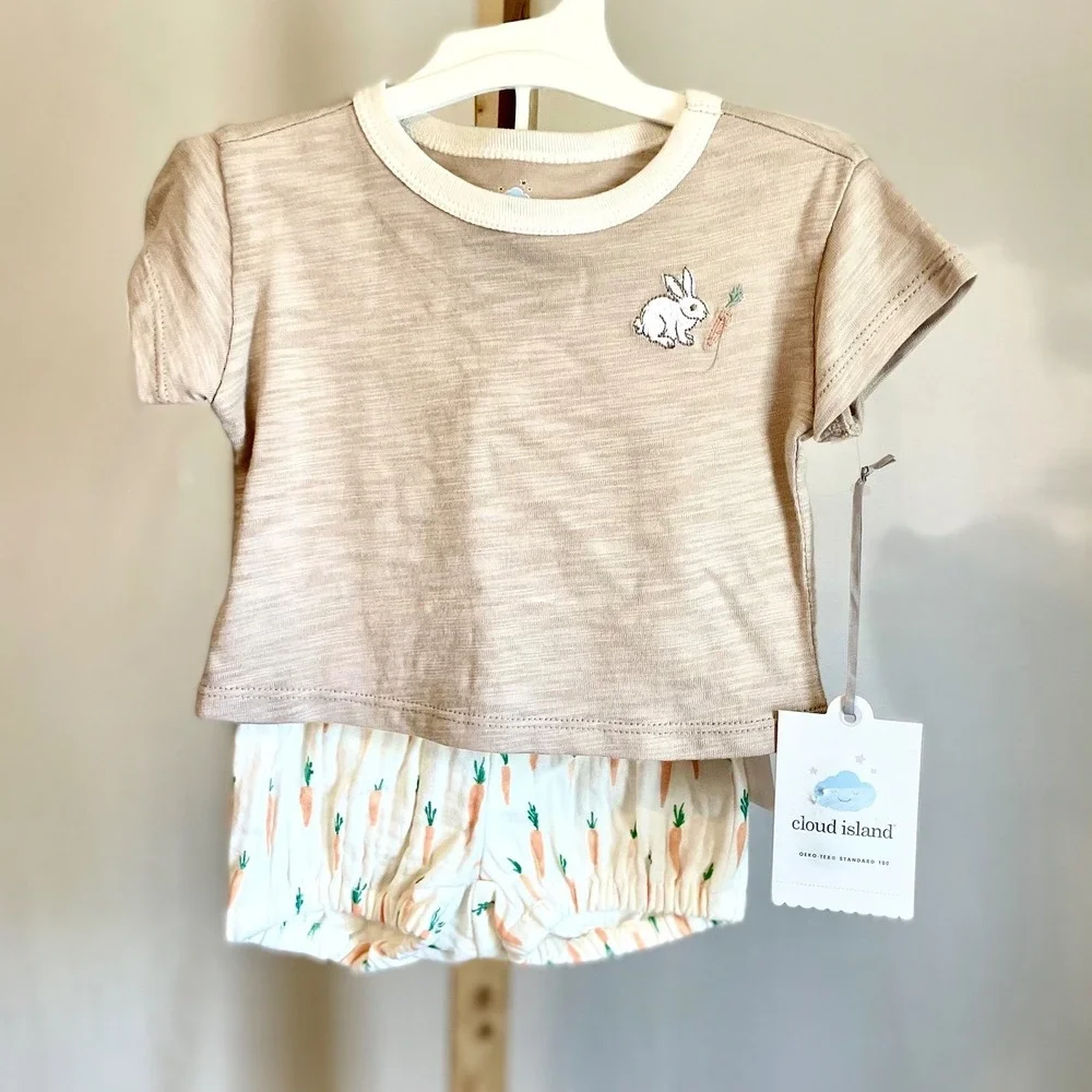 Cloud Island Baby Bunny Carrot T-Shirt and Bloomer Outfit Set Tan White NWT 24M